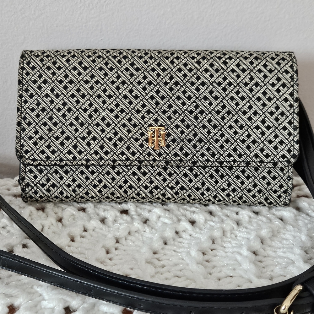 Tommy Hilfiger Tan and Black Monogram Logo Crossbody